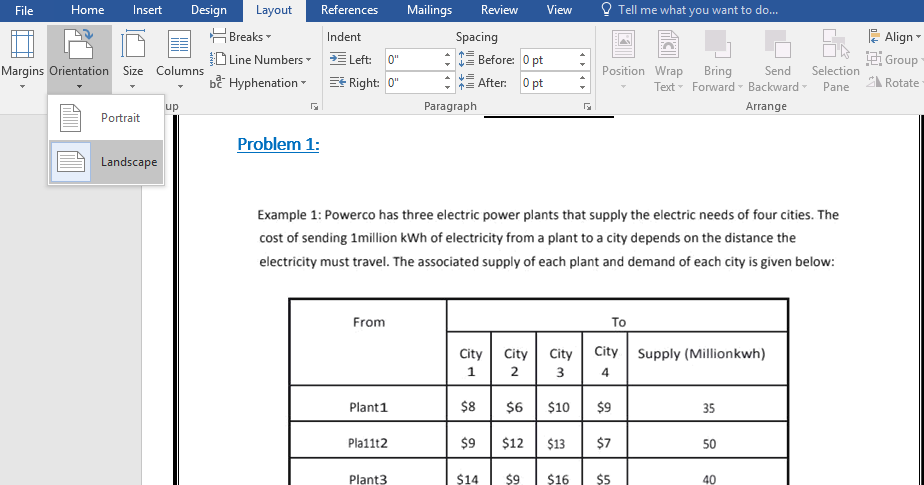 how to change the margins in word landscape table