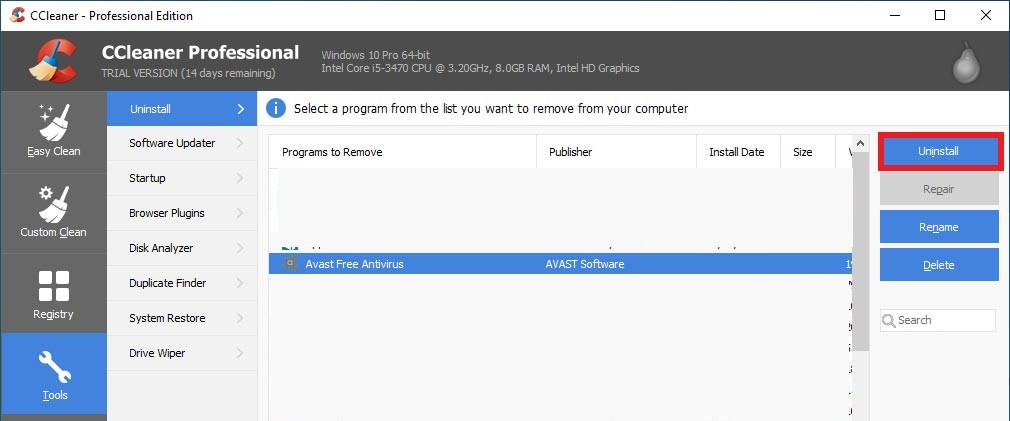 Uninstall Avast with CCleaner