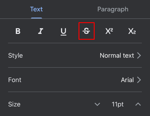 Strikethrough text in Google Docs app