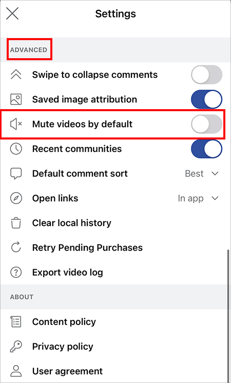 Turn off toggle of Mute videos by default